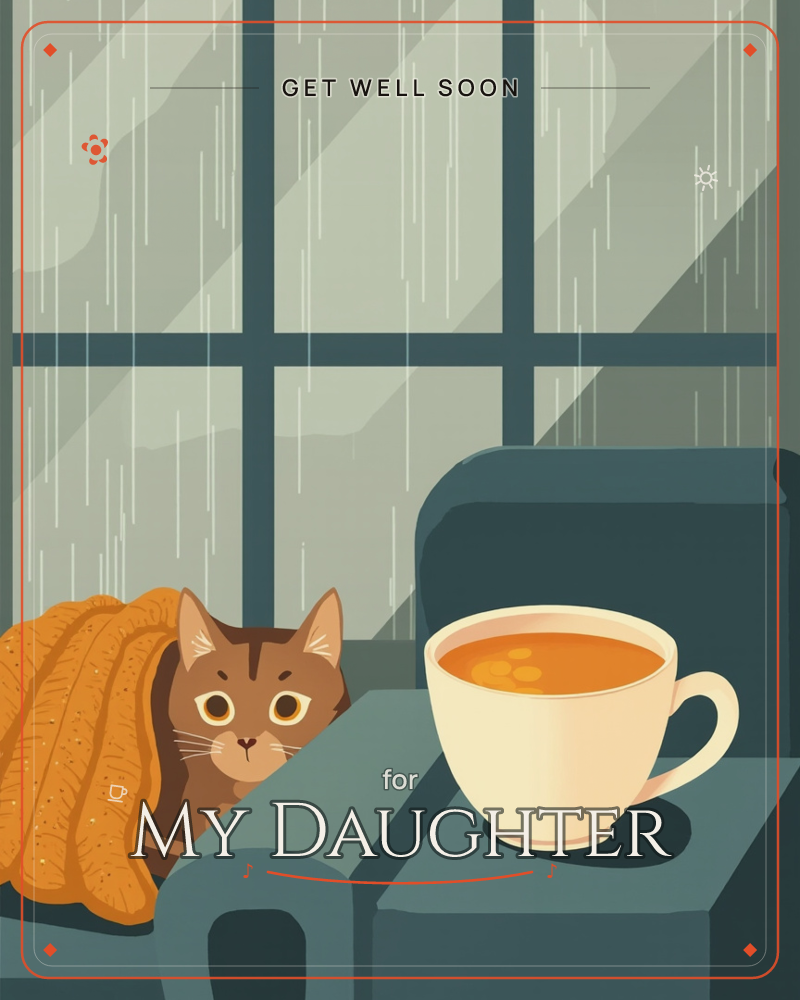 A brown tabby cat peeks out from under a mustard-orange knitted blanket on a teal sofa, beside a steaming cup of tea resting on the armrest, a getwell e-card design