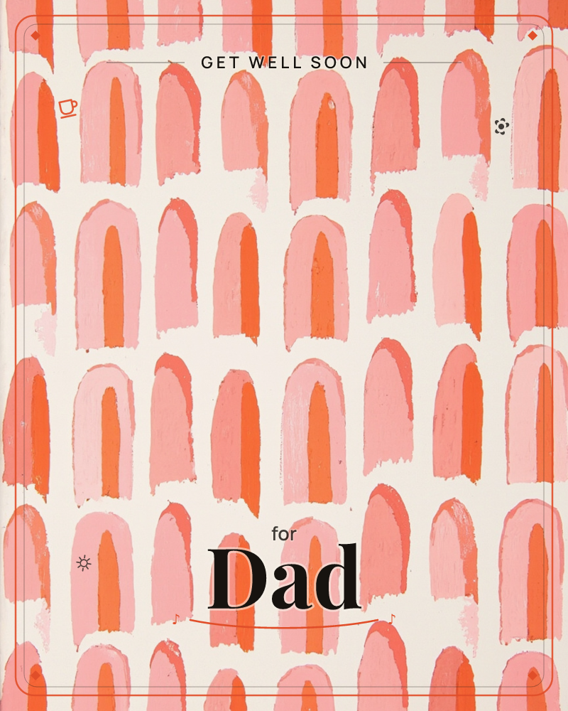 Rows of hand-painted arches march across a cream background, each one a loose brushy stripe of pink, coral or orange nested inside a paler outline, a getwell e-card design