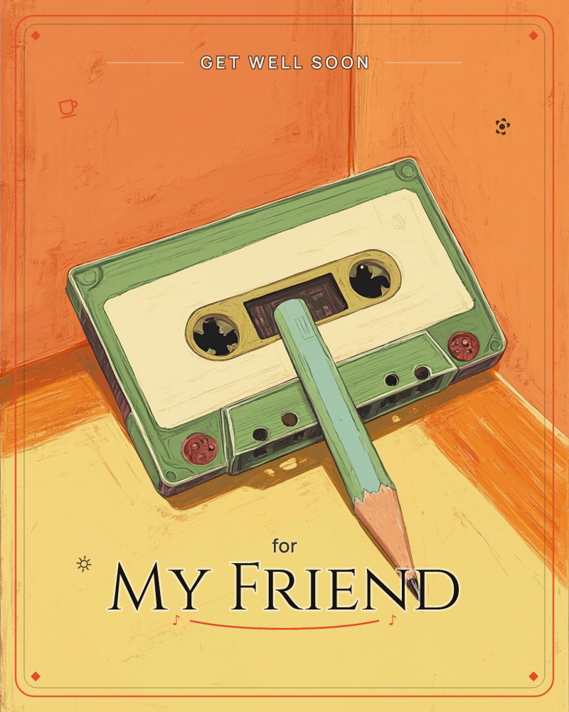 A retro cassette tape rests in the corner of a warm orange room, its reel wound not with tape but with a green pencil, propped up like a makeshift spindle, a getwell e-card design