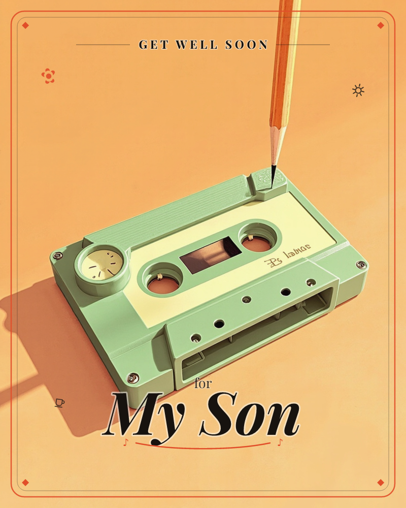 A retro sage-green cassette tape rests on a warm peach-orange surface, lit with strong side light that throws a long, sharp shadow, a getwell e-card design