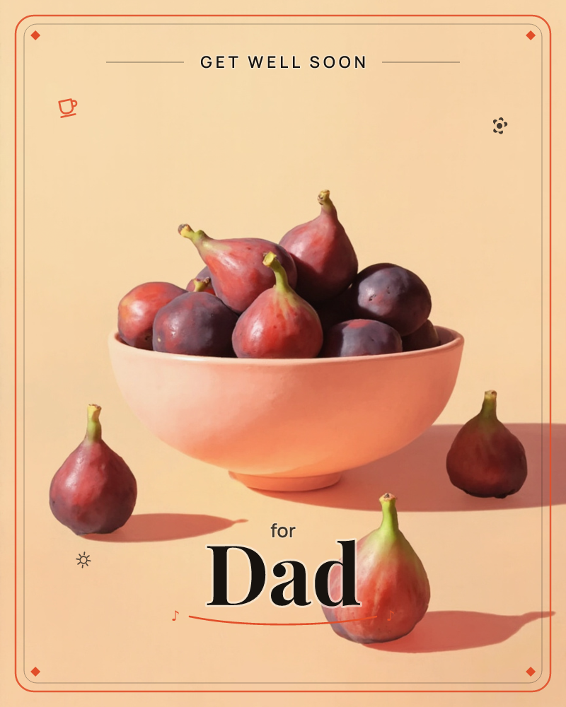 A pale peach bowl sits piled high with ripe purple and rust-red figs, their stems pointing skyward, against a warm apricot backdrop, a getwell e-card design