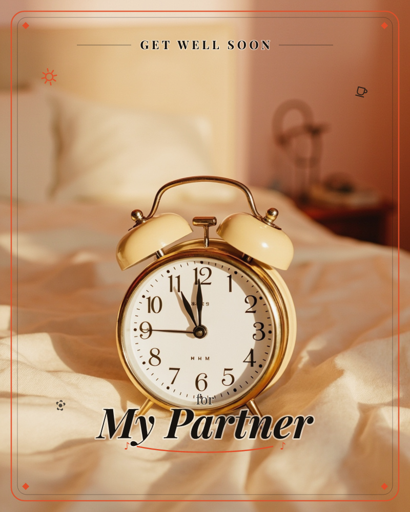 A classic brass twin-bell alarm clock sits atop rumpled bed linens, its hands nearing noon while warm golden light spills across the scene, a getwell e-card design