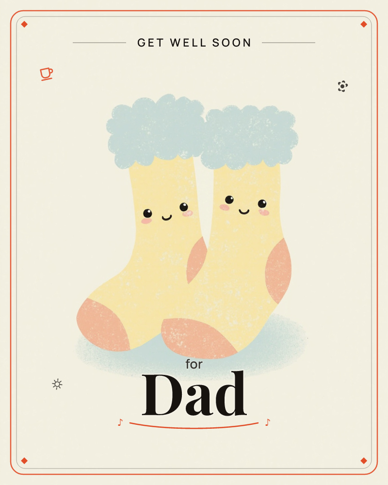 A pair of cosy yellow socks with fluffy pale blue cuffs and peachy heels stand side by side, each with a small smiling face and rosy cheeks, a getwell e-card design