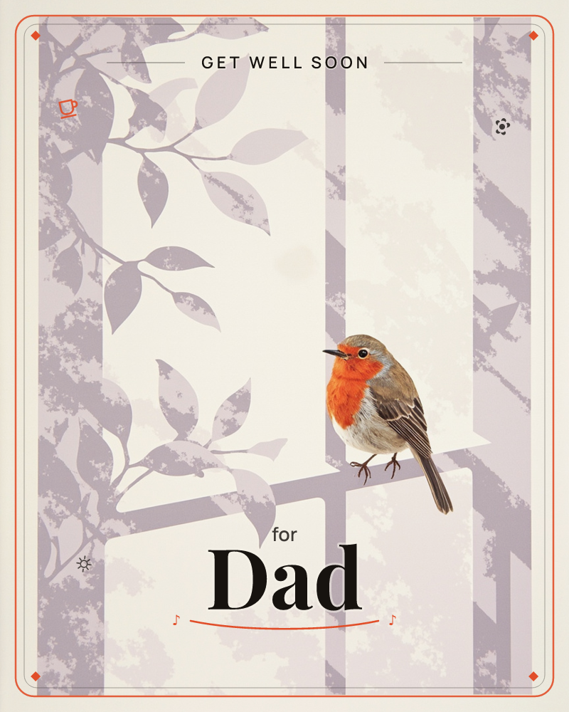 A robin with a bright orange-red breast perches on a pale mauve branch, set against a cream background patterned with soft lilac stripes and stencilled…, a getwell e-card design