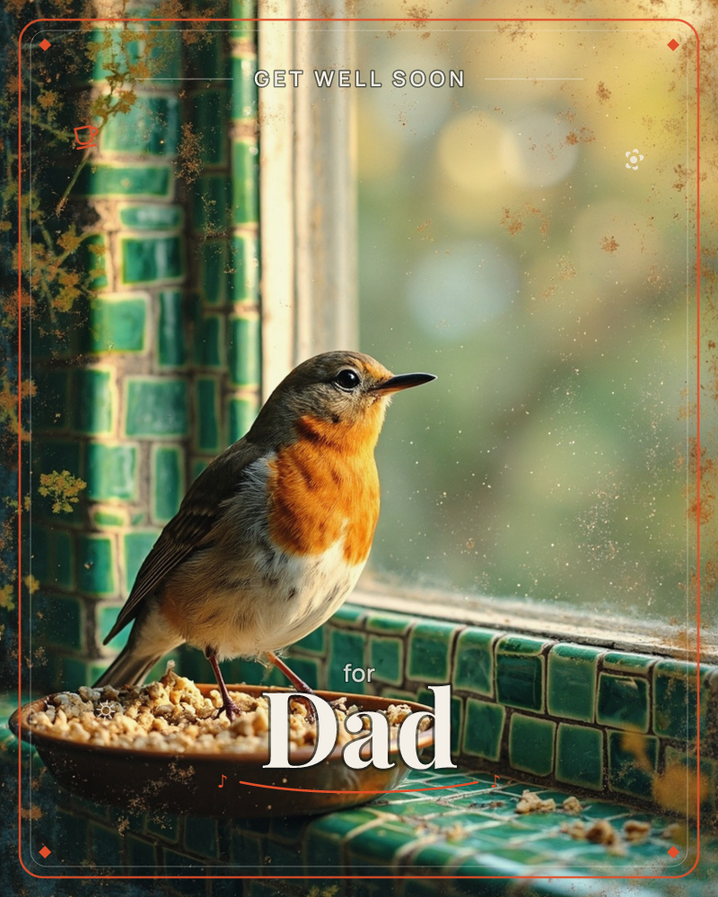 A robin with a bright orange breast perches on the rim of a small dish of seed, set on a green-tiled windowsill, a getwell e-card design