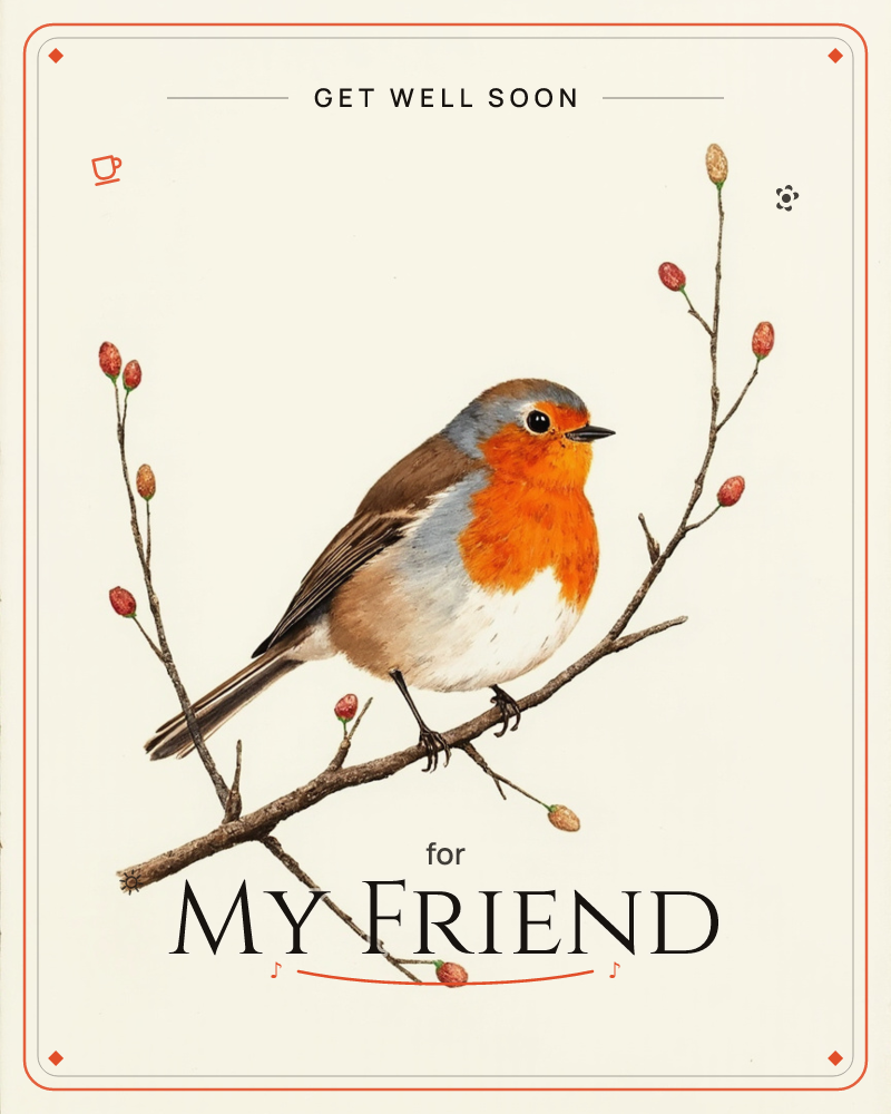 A robin with a bright orange face and breast perches on a slender, bare branch studded with small red and gold berries, a getwell e-card design