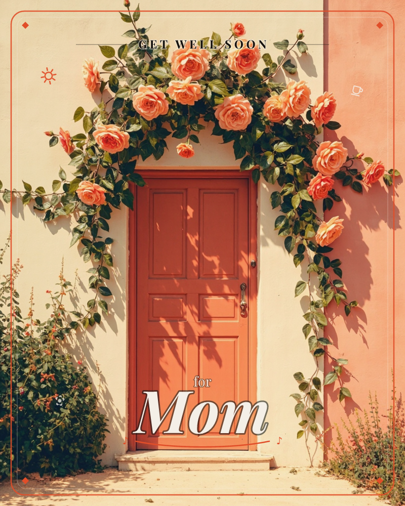 A coral-pink door sits framed by a cream stucco wall, with a climbing rose vine arching overhead heavy with peach and apricot blooms, a getwell e-card design