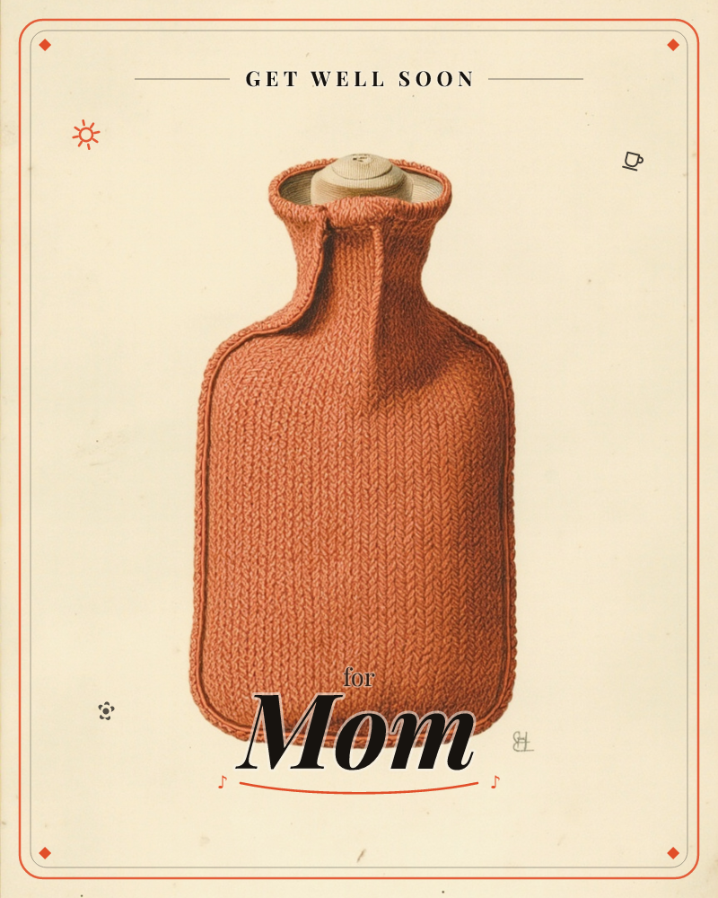 A hot water bottle sits alone against a cream background, wrapped in a rust-orange knitted cover with a visible cable-stitch texture and a cream screw…, a getwell e-card design