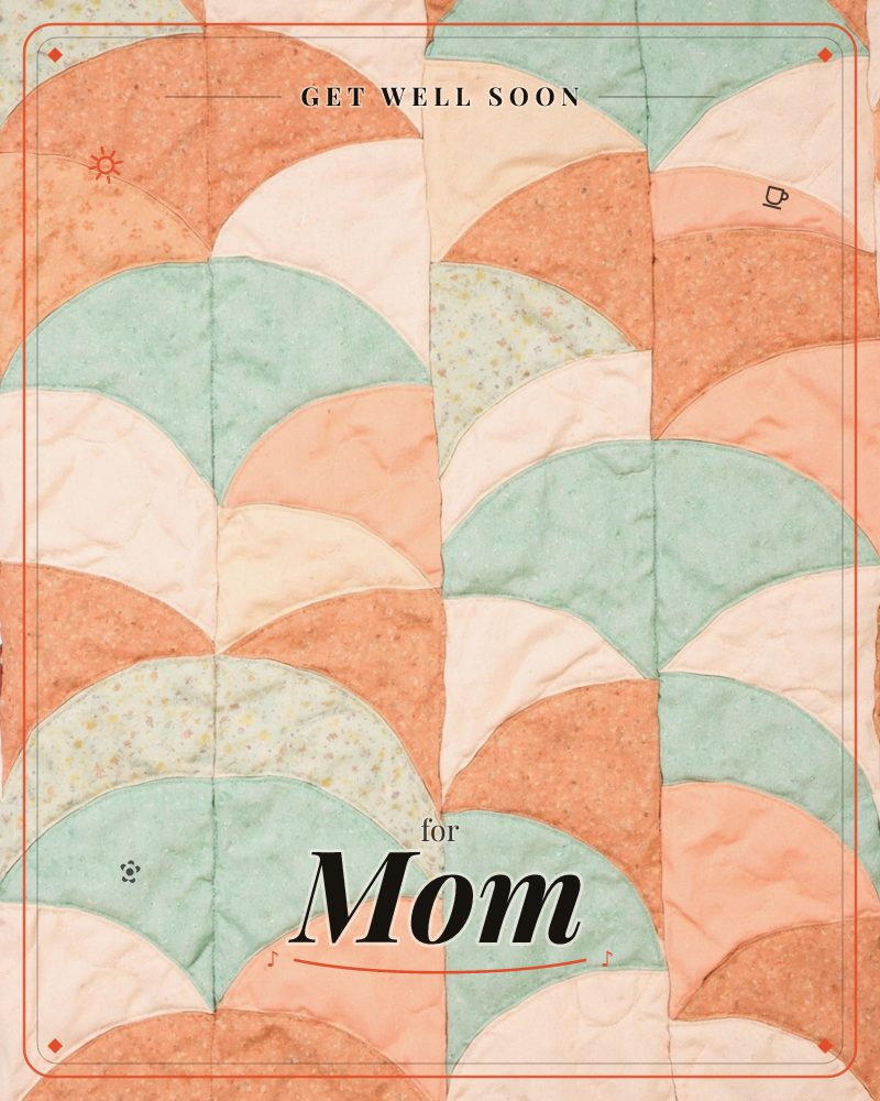 This card shows a close-up of a patchwork quilt made from scalloped, fan-shaped pieces of fabric in soft peach, cream, and mint green, some plain and…, a getwell e-card design