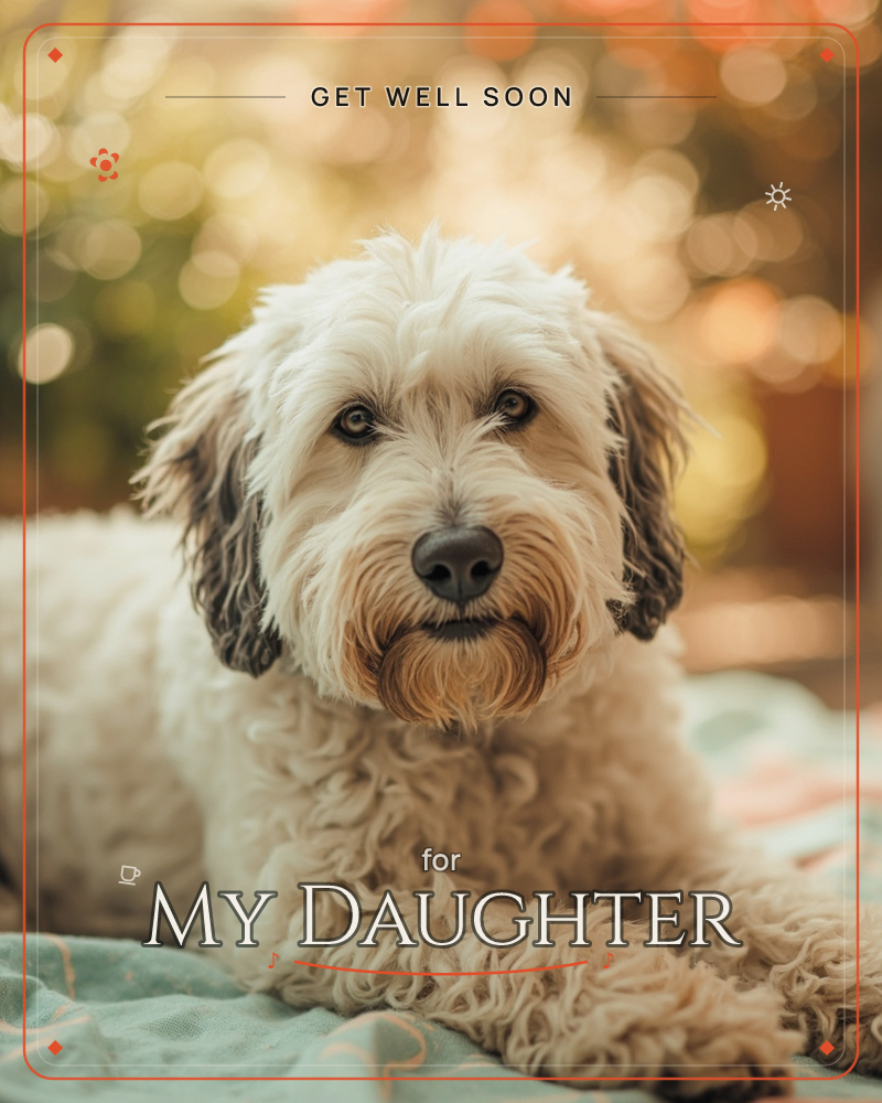 A shaggy cream-coated dog with soft curls and dark button eyes lies on a cushioned blanket, gazing straight at the camera, a getwell e-card design