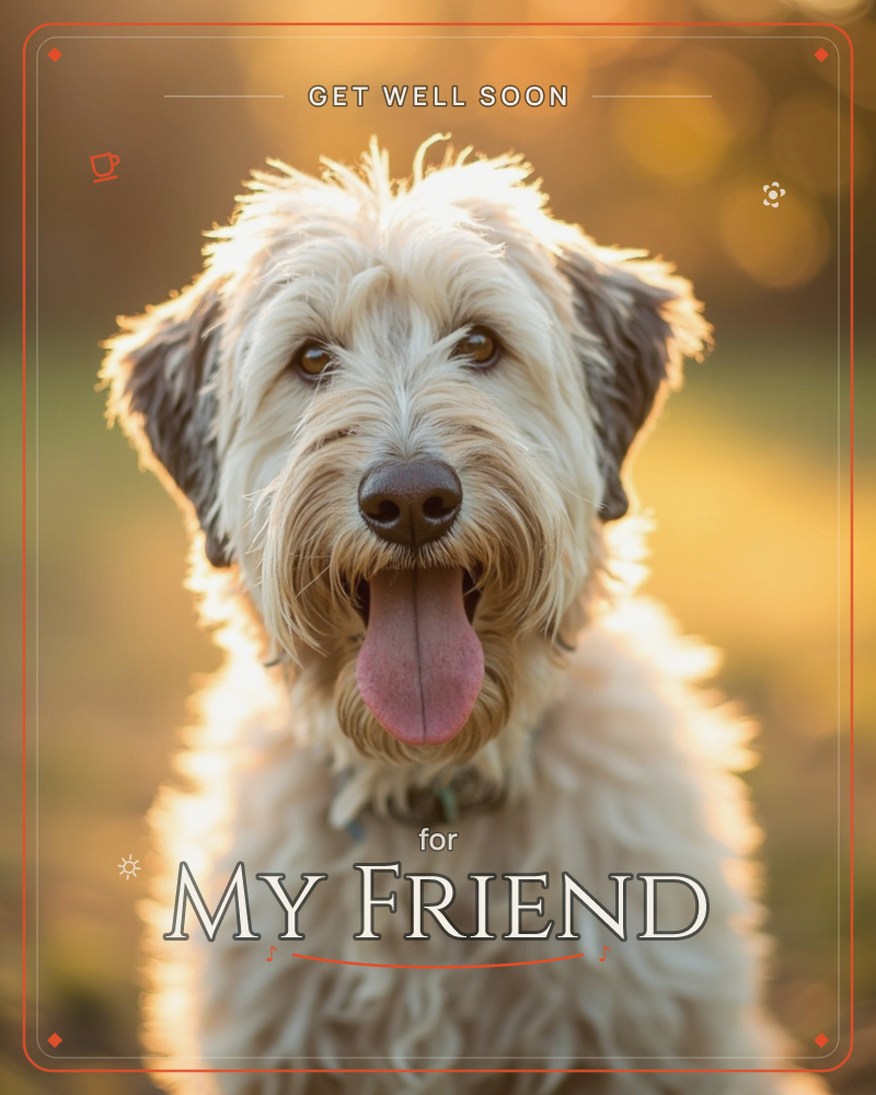 A shaggy, cream-coated terrier sits facing forward with its tongue happily hanging out, backlit by warm golden sunlight that haloes its wiry fur, a getwell e-card design