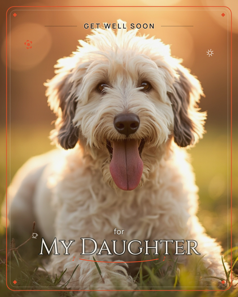 A shaggy cream-coated dog sits in a grassy field, tongue out and panting happily, backlit by golden late-day sun that haloes its curly fur, a getwell e-card design