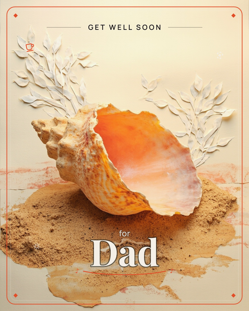A large conch shell rests on a mound of real sand, its ridged tan exterior opening to reveal a glowing coral-pink and orange interior, a getwell e-card design