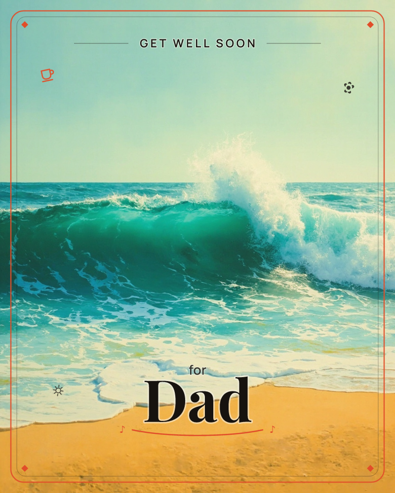 A single wave curls and breaks along a sunlit shore, its glassy teal face cresting into a burst of white foam, a getwell e-card design