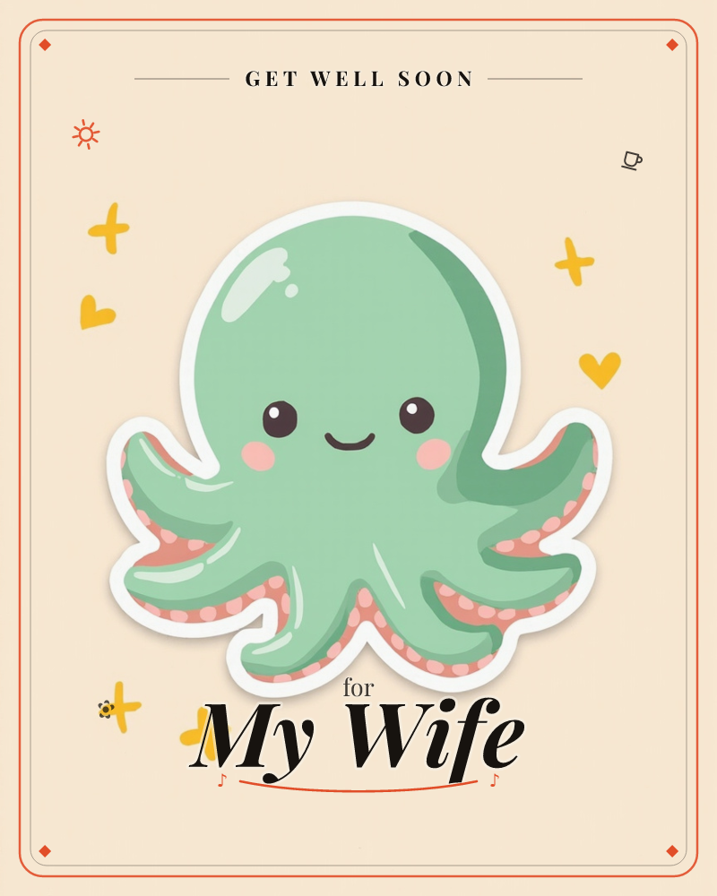 A cheerful mint-green octopus with a glossy sticker-style outline sits on a soft peach background, its pink-dotted tentacles curling playfully, a getwell e-card design