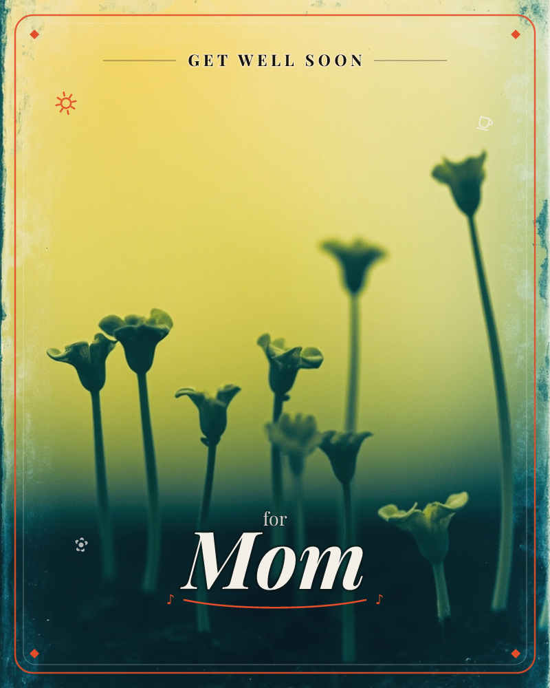 A cluster of tall, slender flowers on curving stems stands silhouetted against a glowing gradient background, fading from deep teal at the base up…, a getwell e-card design