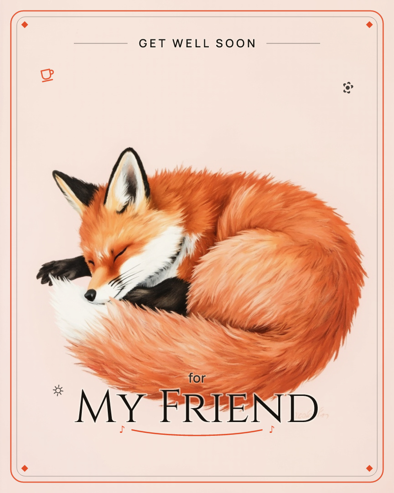 A red fox is curled into a tight, sleeping circle, its bushy tail wrapped around to cover its nose, painted in soft, detailed fur strokes against a…, a getwell e-card design