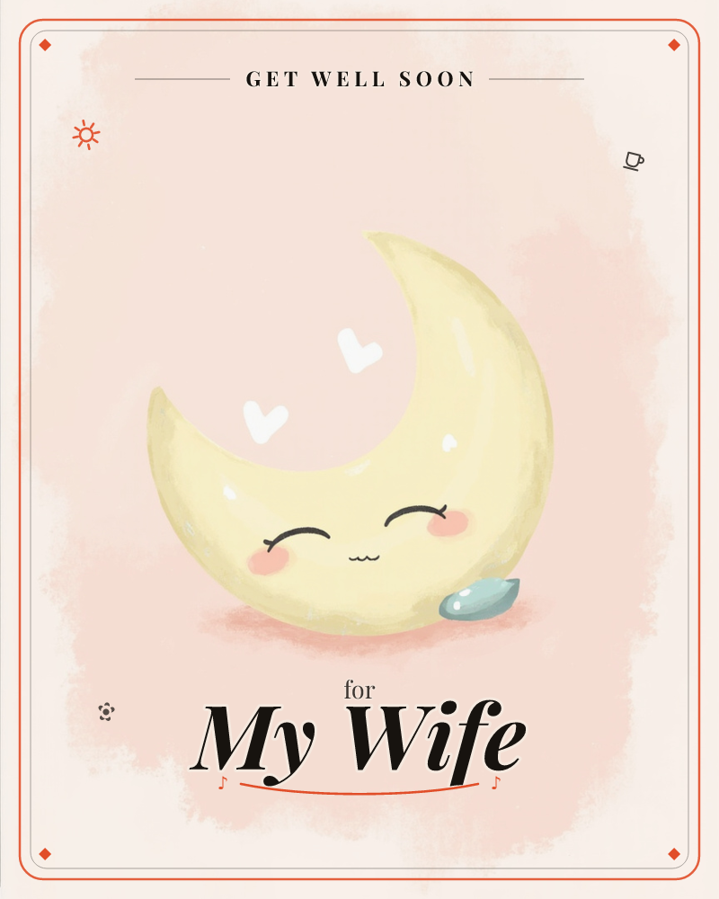 A pale yellow crescent moon with a sleepy, blushing face rests against a soft blush-pink background, tiny white hearts floating above its closed eyes, a getwell e-card design