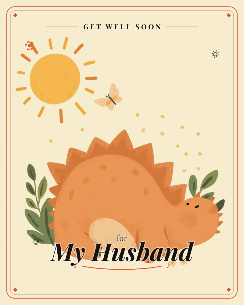 A round, sleepy stegosaurus with a rosy-cheeked face naps low to the ground under a bright yellow sun, surrounded by green leafy sprigs and tiny white…, a getwell e-card design