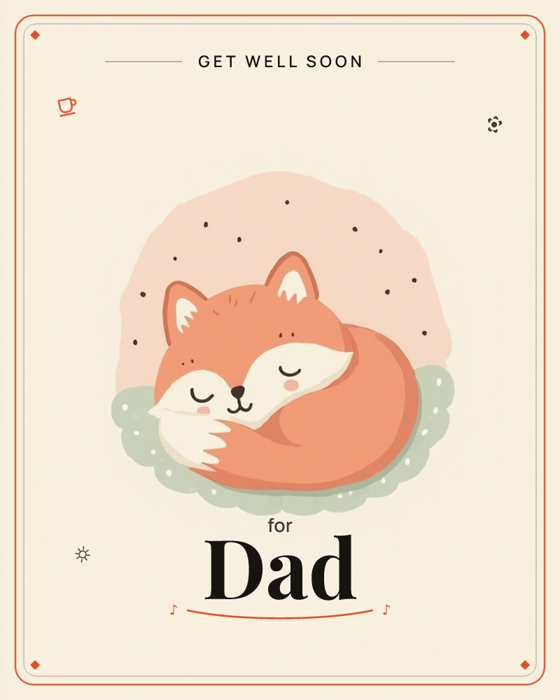 A sleepy fox curls into a soft round shape, tail wrapped over its own nose, nestled on a scalloped sage-green cushion, a getwell e-card design