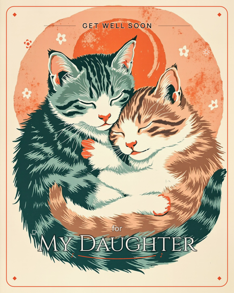 Two tabby kittens curl into a tight embrace against a glowing coral-orange sun spotted with tiny white flowers, a getwell e-card design
