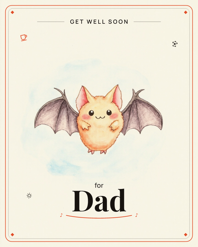 A round, fuzzy little bat with peachy-orange fur and blushing cheeks hovers front and centre, grey wings spread wide against a soft cloud of pale blue…, a getwell e-card design
