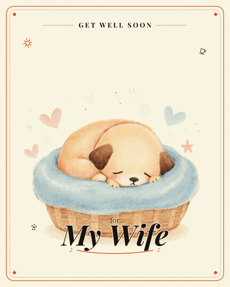 A tan puppy with floppy brown ears curls up asleep in a woven basket lined with a fluffy blue cushion, a getwell e-card design