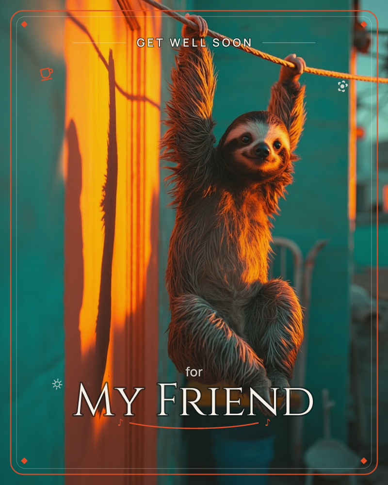 A sloth hangs from a rope strung between turquoise walls, its shaggy fur lit gold and orange by low evening sun, a getwell e-card design