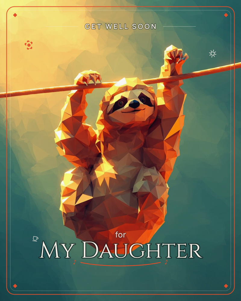 A low-poly sloth hangs from a branch, all faceted triangles catching warm golden light on one side while its body fades into cool teal shadow, a getwell e-card design