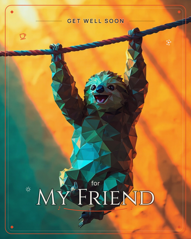 A low-poly geometric sloth hangs happily from a thick twisted rope, its faceted body glinting teal and bronze in dramatic light, a getwell e-card design