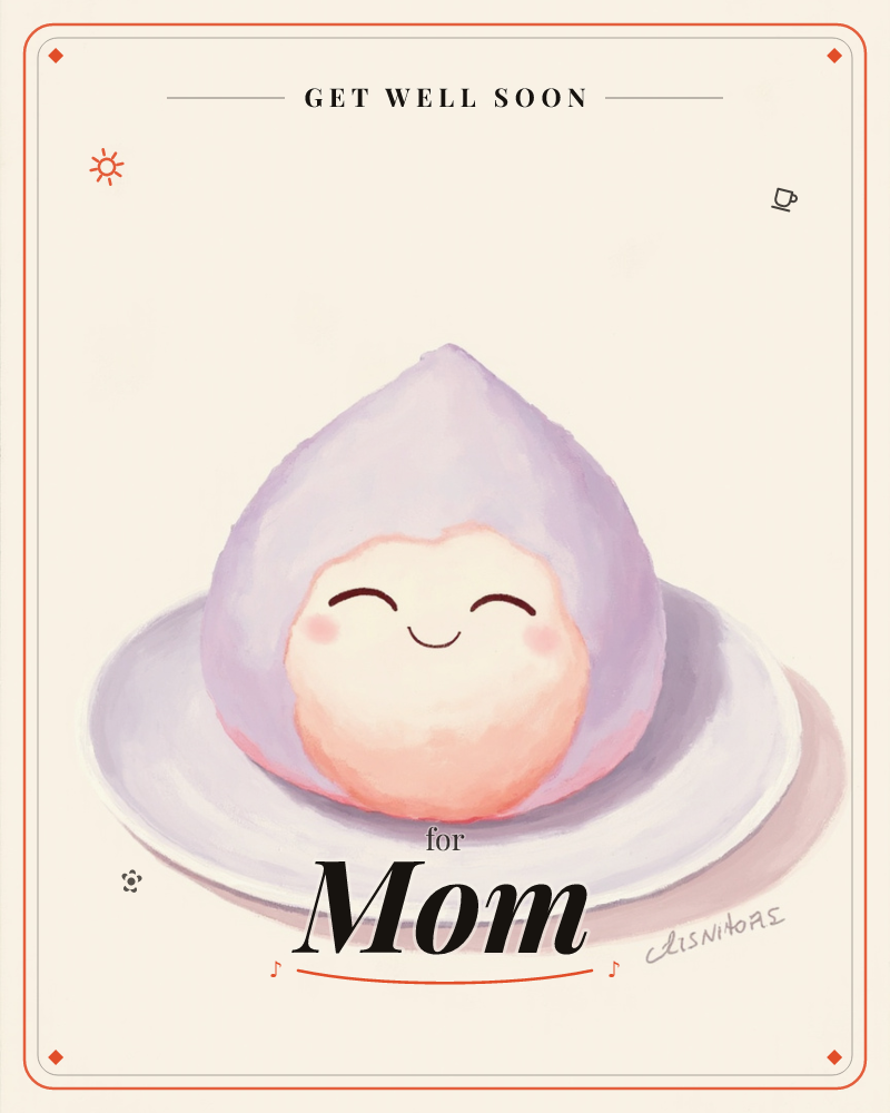 A single dumpling with a smooth peach-toned face and closed, happy eyes sits wrapped in a pale lavender purple dough hood, resting on a round white plate, a getwell e-card design