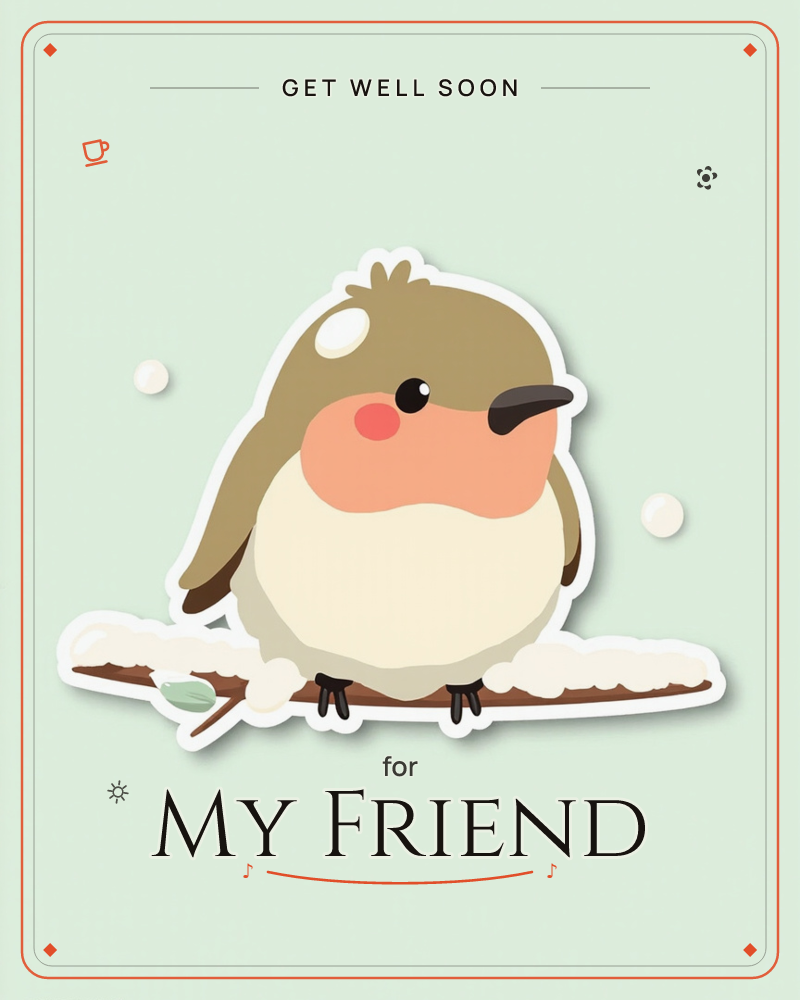 A round, rosy-cheeked robin perches on a snow-dusted branch, drawn as a plump cartoon sticker against a soft mint-green glow, a getwell e-card design