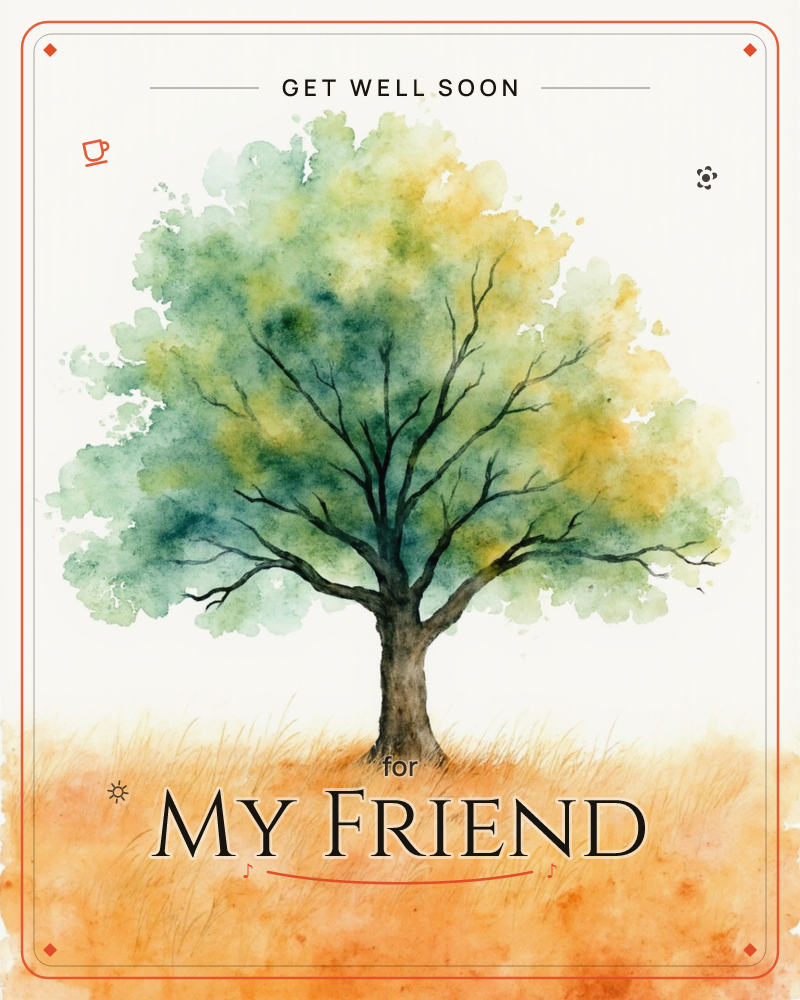 A single broad tree stands alone in a field, its canopy rendered in soft blotches of sage green and mustard yellow that bleed into one another like…, a getwell e-card design