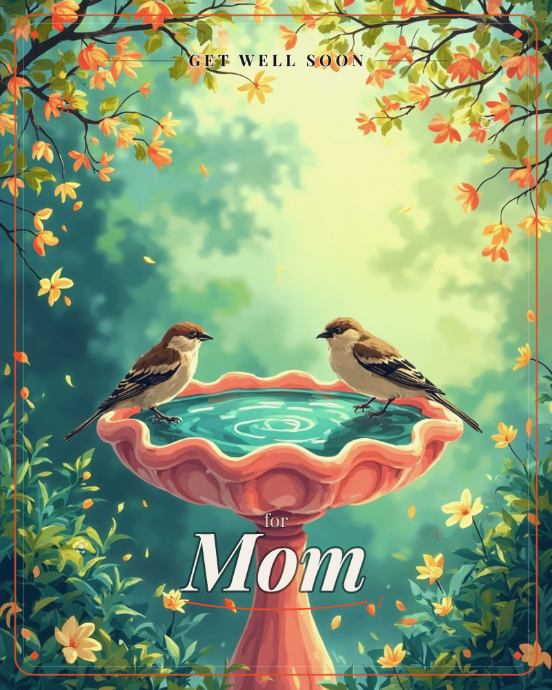Two small sparrows perch on the scalloped rim of a coral-pink stone birdbath, facing each other over rippling water, a getwell e-card design