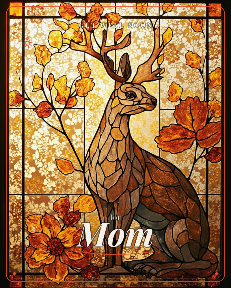 A stained-glass style panel shows a seated antlered hare, its body pieced together from leaded amber and bronze glass segments, surrounded by autumn…, a getwell e-card design