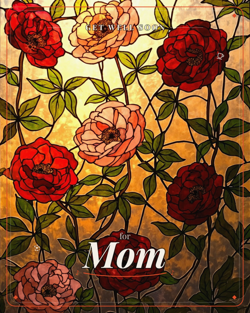 A stained-glass style window glows with clusters of full-blown roses in deep red and soft peach, their black leaded outlines catching a warm amber…, a getwell e-card design