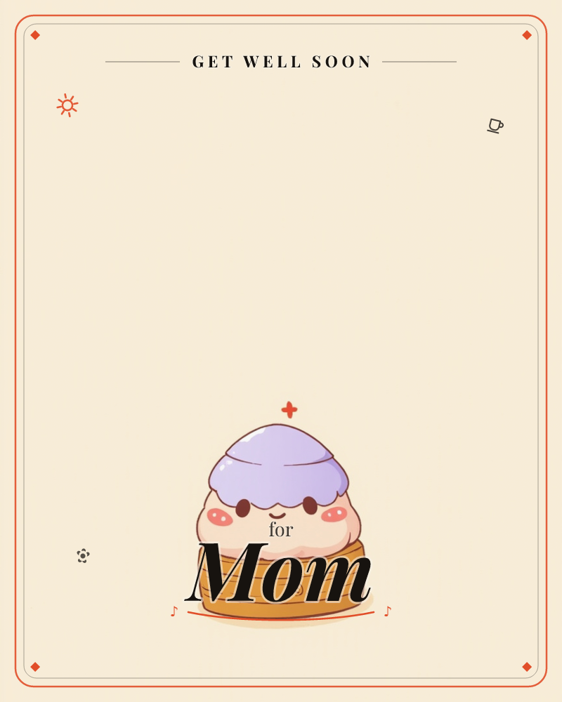 A tiny cartoon steamed bun character sits in a wooden steamer basket, its lavender-coloured top swirled like a dumpling wrapper and a little red cross…, a getwell e-card design