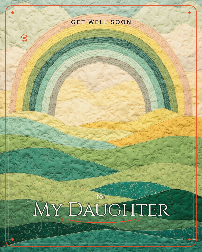 A quilted rainbow arcs over rolling hills stitched in layers of green and gold fabric, its bands rendered in soft pink, mustard, teal and grey rather…, a getwell e-card design
