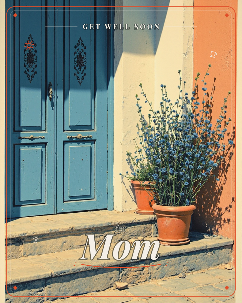 A weathered blue double door with carved diamond panels sits behind stone steps, flanked by terracotta pots overflowing with tiny blue flowers, a getwell e-card design