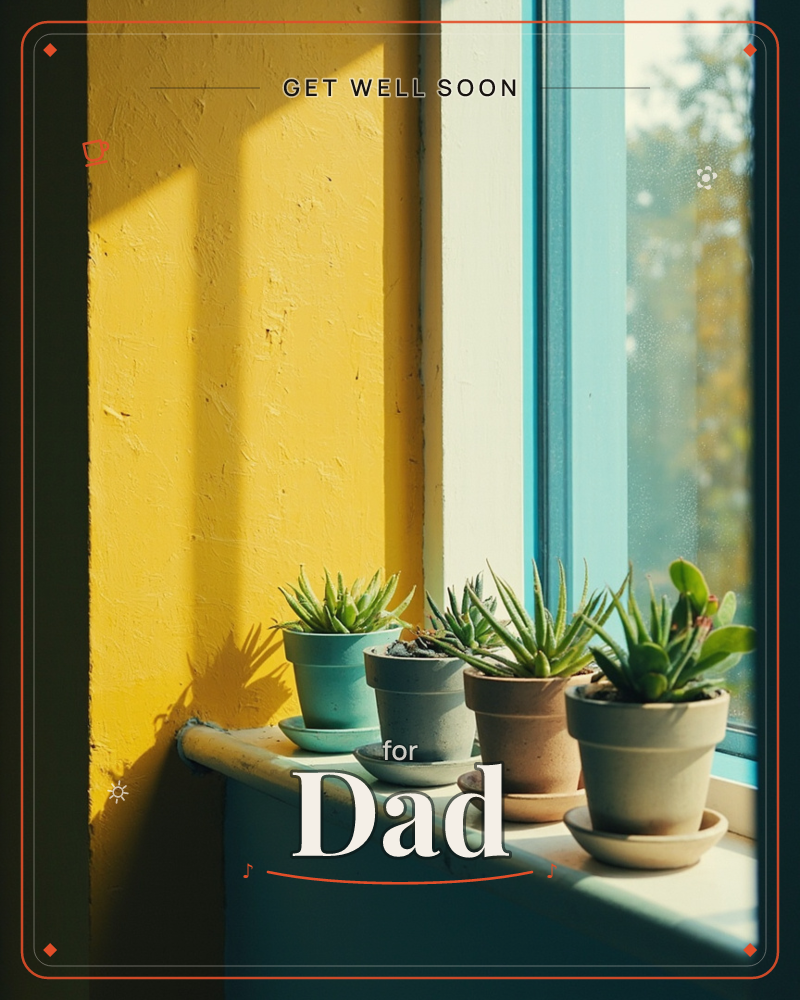 A row of small succulents in mismatched pots lines a sunlit windowsill against a warm yellow wall and turquoise window frame, a getwell e-card design