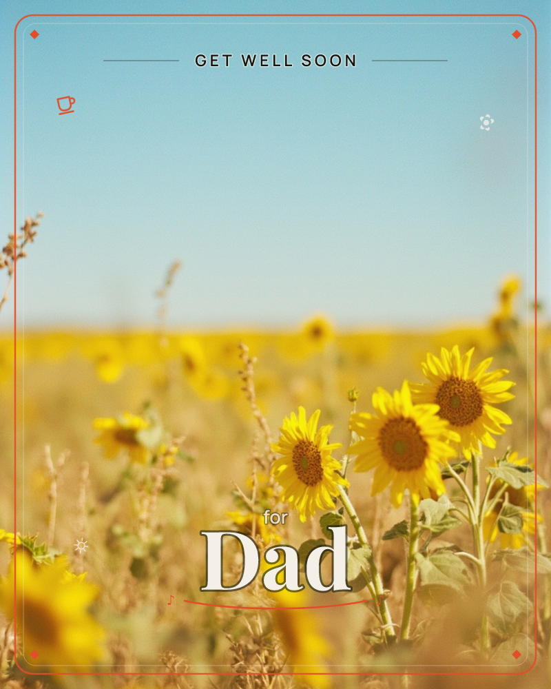 A sun-drenched field of sunflowers stretches to the horizon under a clear pale blue sky, with a cluster of blooms sharply in focus in the foreground…, a getwell e-card design