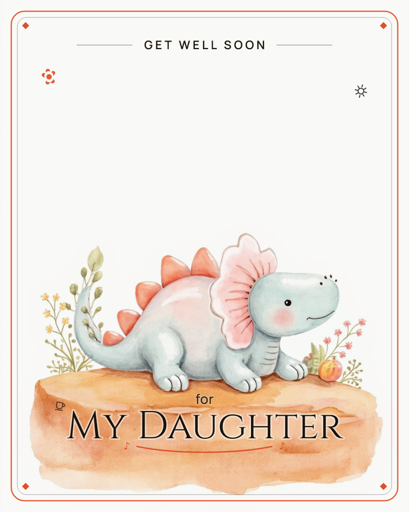 A round-cheeked baby dinosaur with a soft blue-grey body and coral spikes down its back sits smiling atop a sandy rock, its frilled pink neck fan…, a getwell e-card design