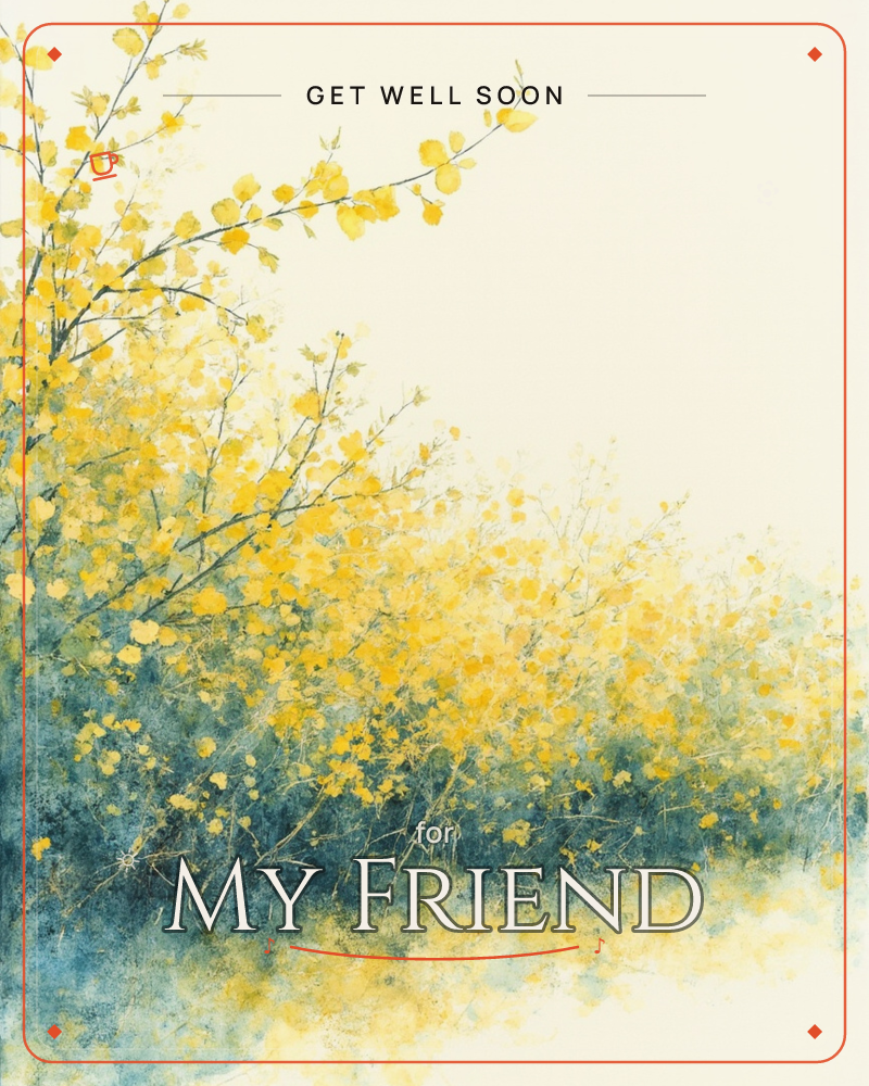 A watercolour hedgerow of golden-yellow leaves spills in from the left, thinning into loose spatters of colour against a soft cream sky, a getwell e-card design