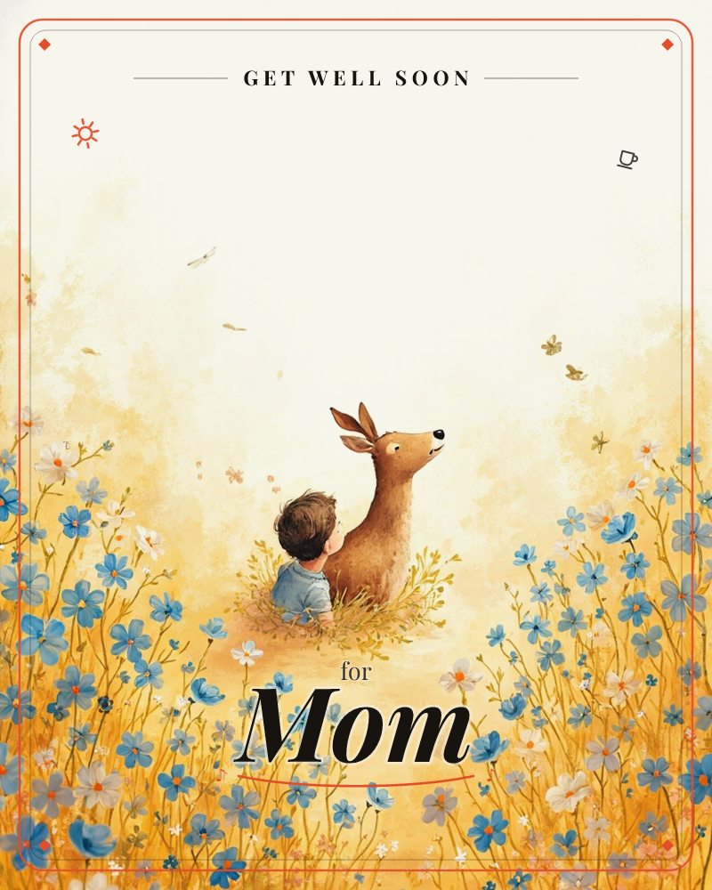 A small child sits nestled beside a young deer in a golden meadow, both facing away toward a soft glowing horizon, a getwell e-card design