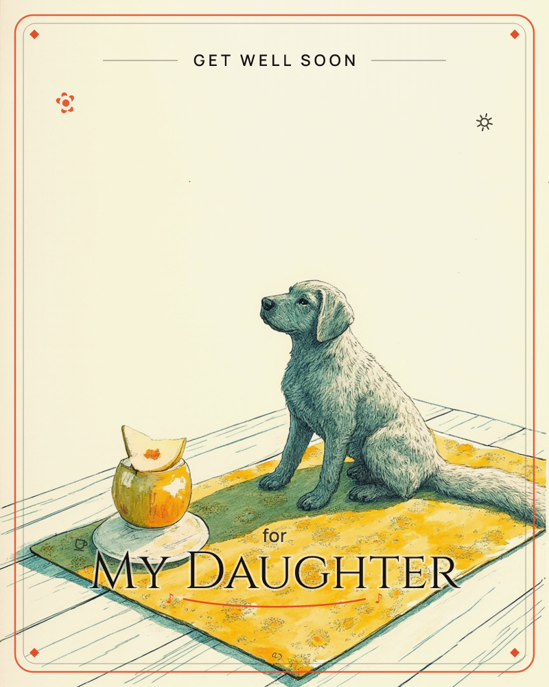 A shaggy grey dog sits upright on a floral yellow rug, gazing off to the side with quiet attention, a getwell e-card design