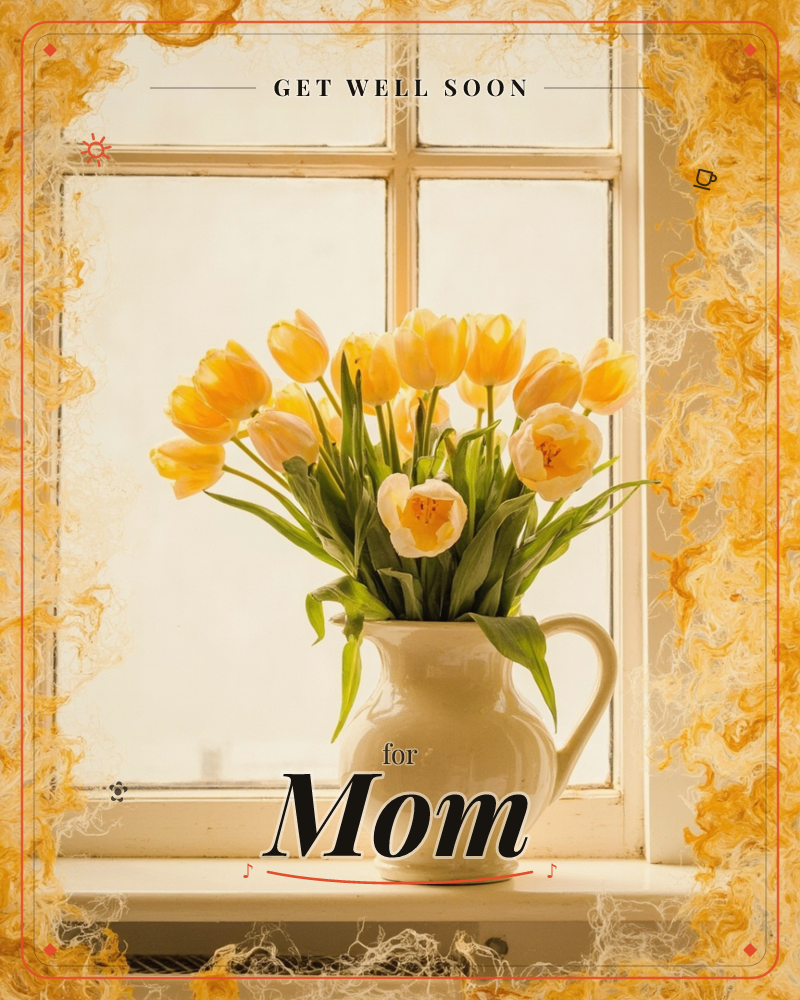 A cream jug crowded with yellow tulips sits on a windowsill, backlit by pale daylight through paned glass, a getwell e-card design