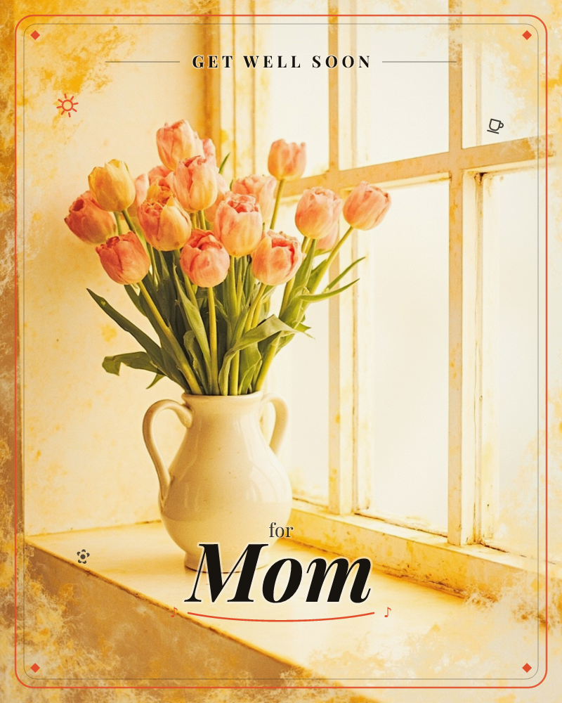 A cream jug crowded with pink and peach tulips sits on a windowsill, backlit by soft golden light through old paned glass, a getwell e-card design