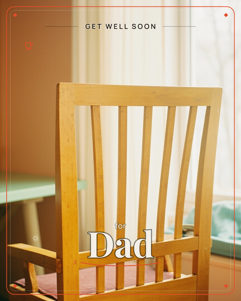 A wooden slat-back chair sits in soft window light, its pale spindles glowing against sheer curtains and a bare winter tree visible outside, a getwell e-card design