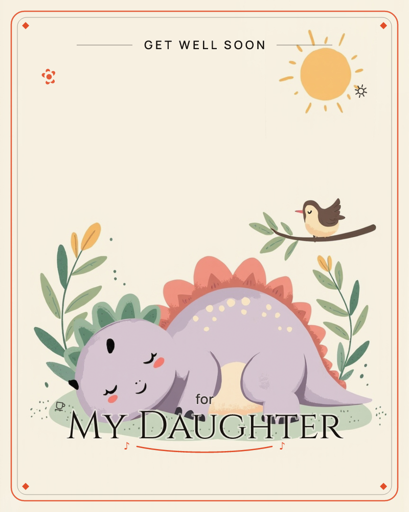 A plump lavender stegosaurus naps curled up on a small grassy mound, its coral-pink spiked back rounded against a cream sky, a getwell e-card design