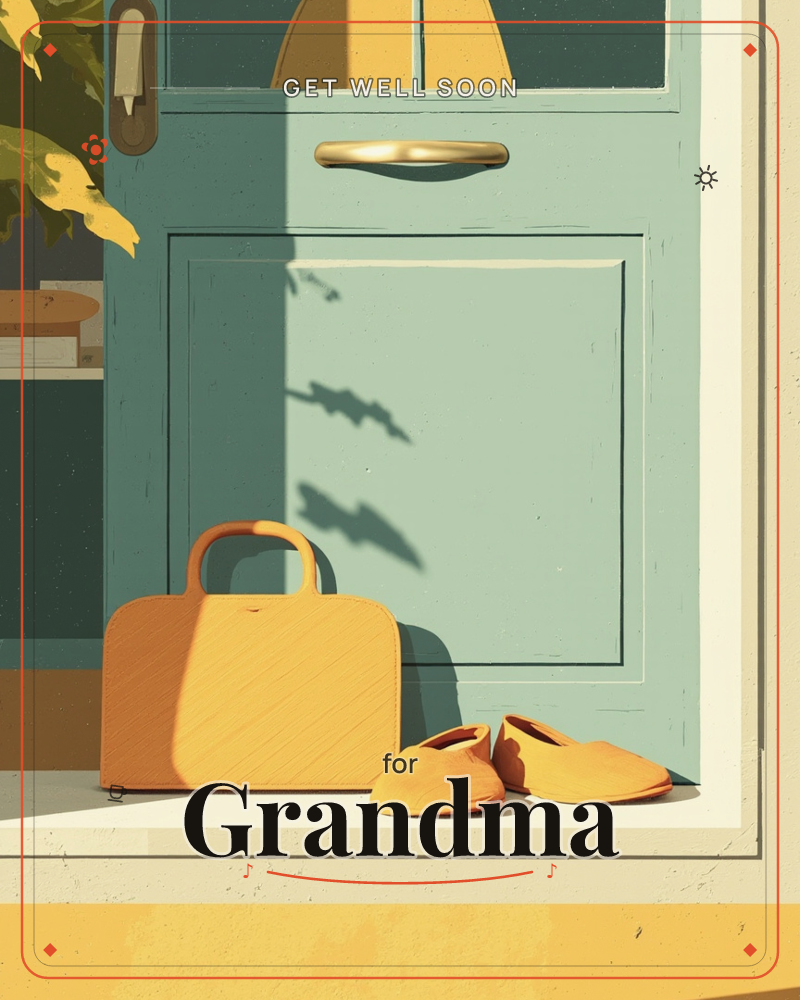 A mustard suitcase and a pair of soft slippers wait on a sunlit doorstep, set against a soft mint-green front door with a brass handle, a getwell e-card design